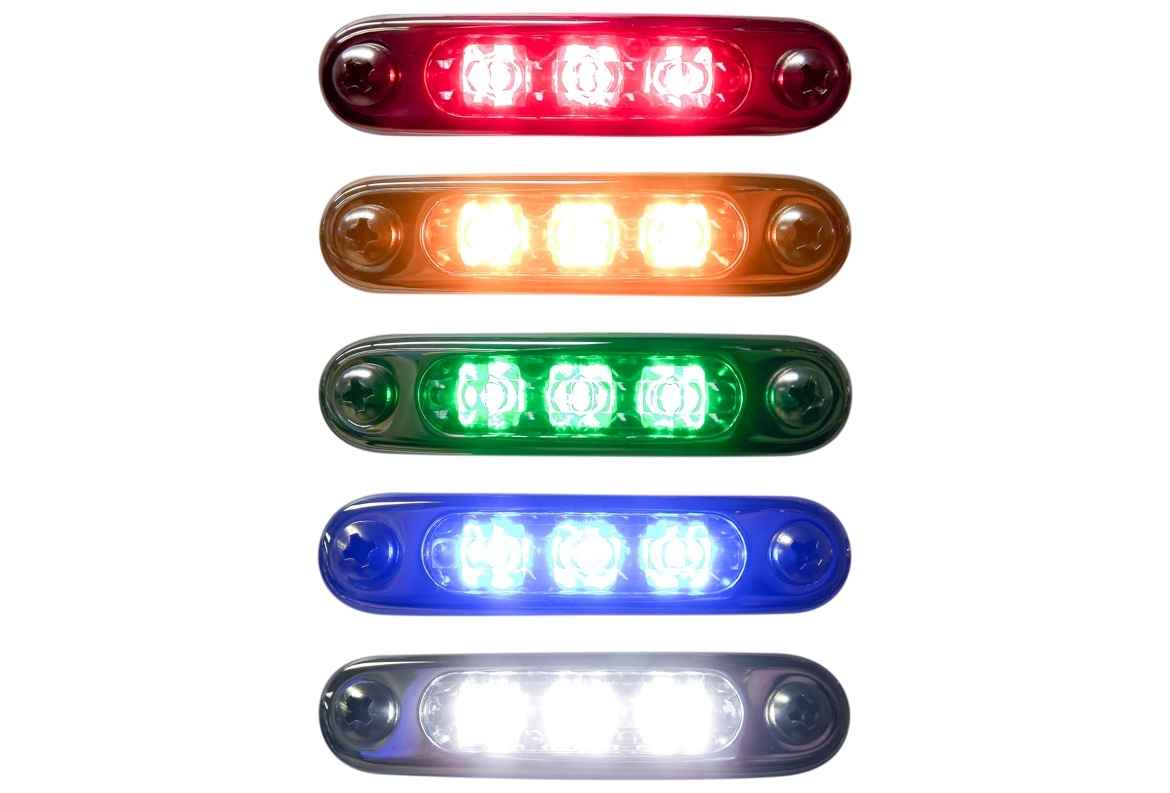 A collection of TecNiq E03 Linear Eon Lights in various colors including red, green, blue, & white, showcasing linear design.