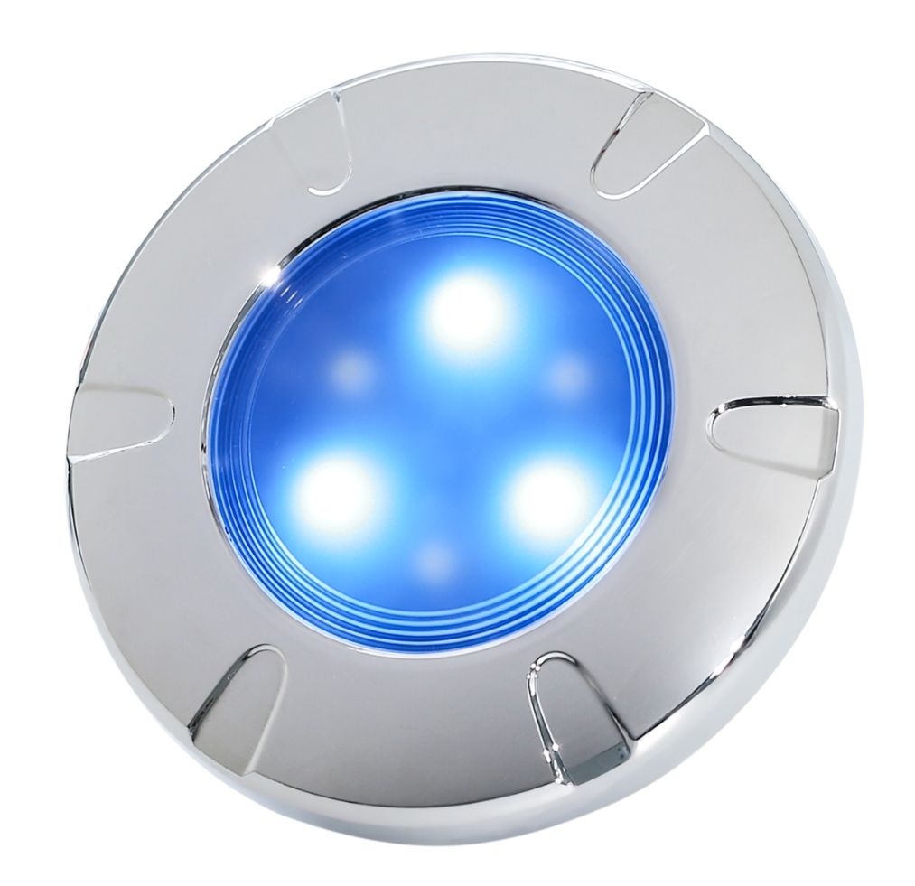 Dome Light - 3" Round blue LED light with metallic rim on a white background