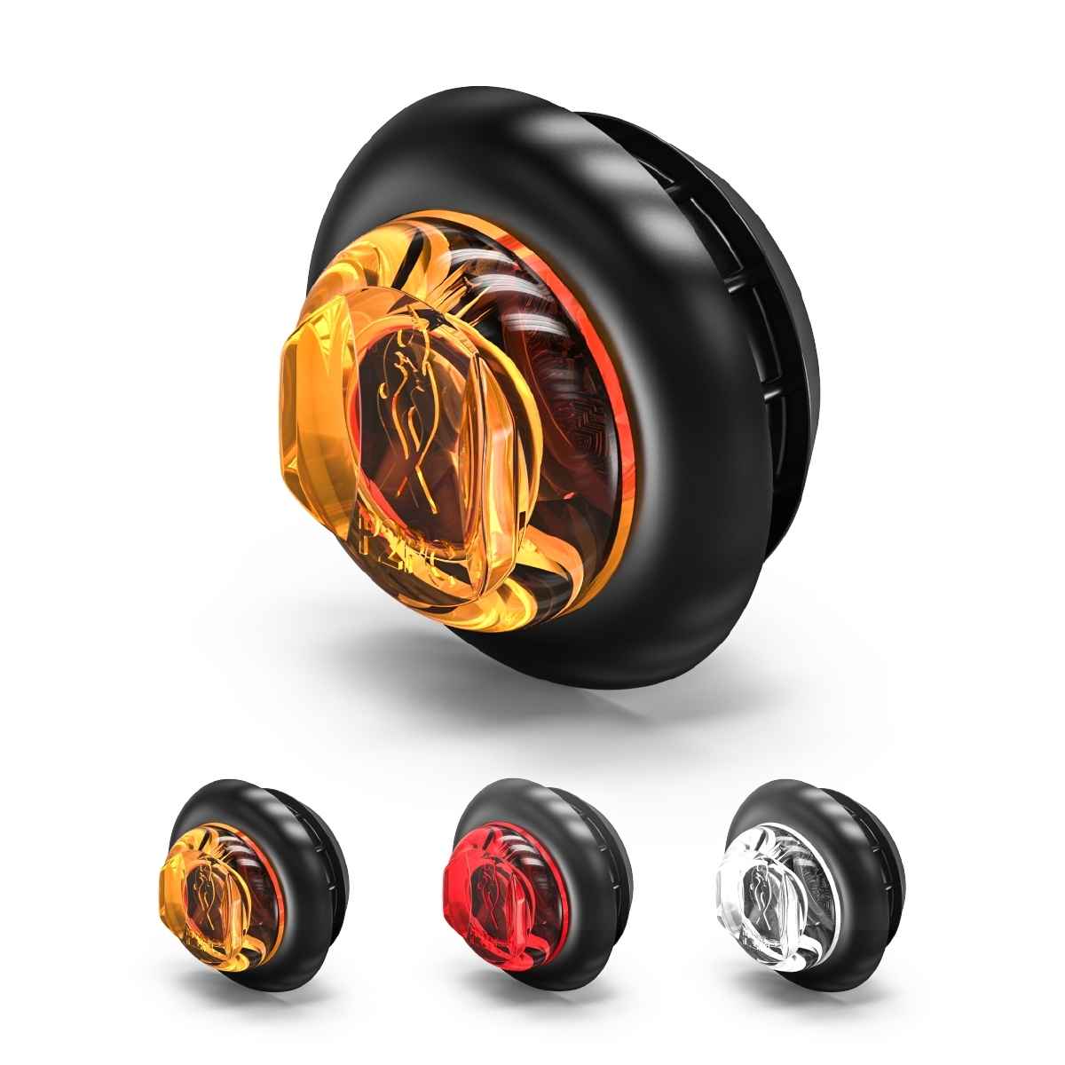 Feniex 1" Round Marker Chrome Bezel in black, orange, red, and clear on a white background