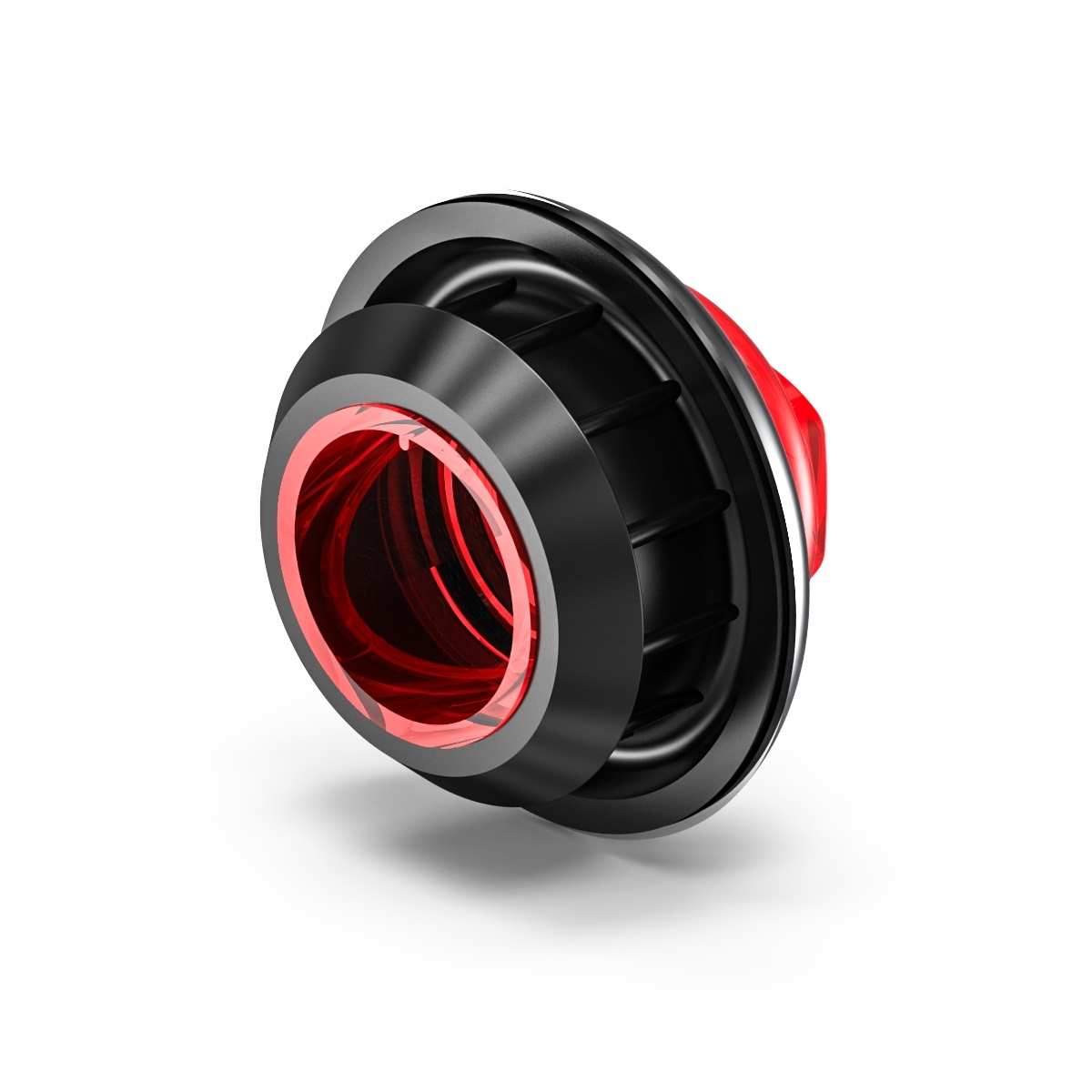 Black and red circular Feniex 1" Round Marker Chrome Bezel on a white background