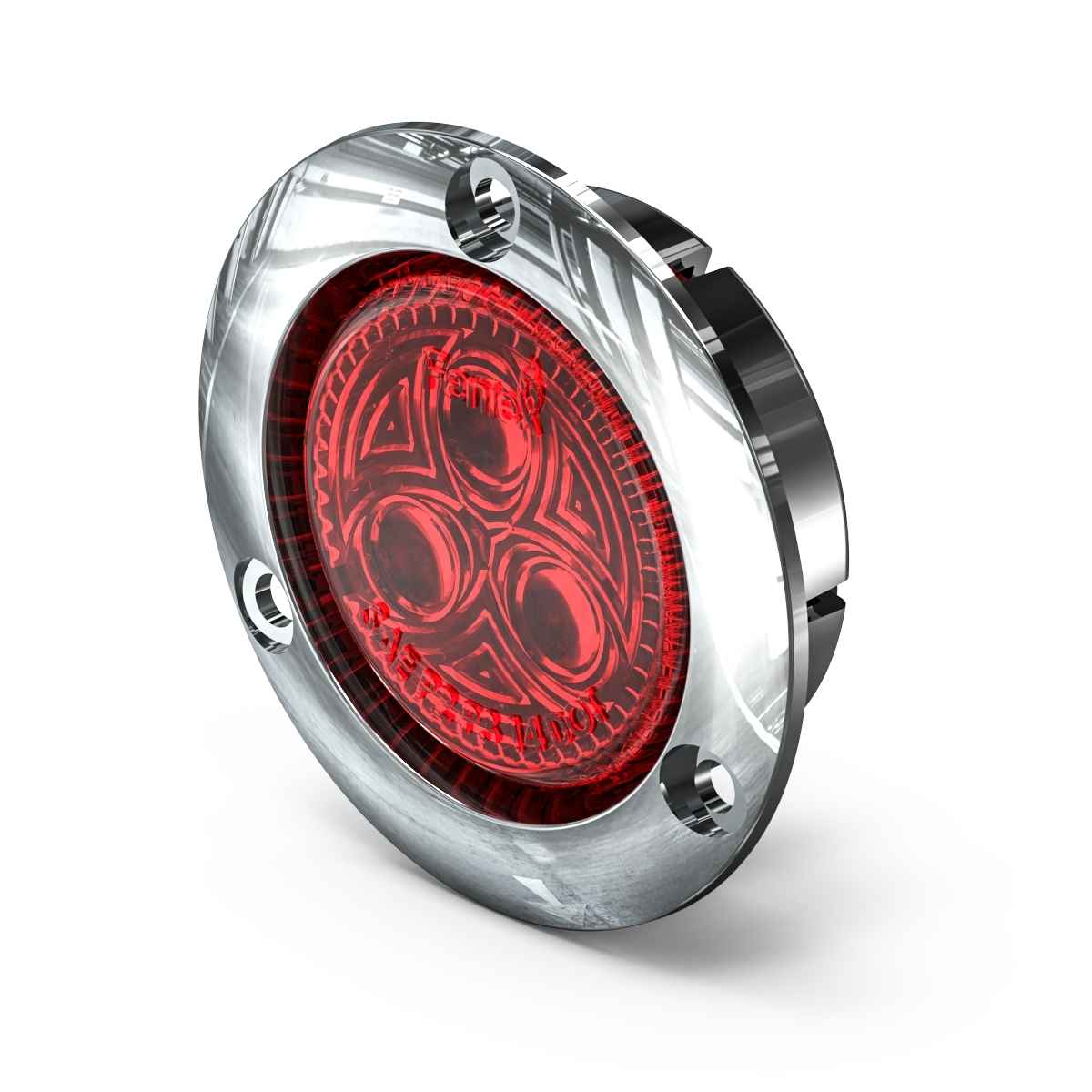 Red Feniex 2" Round Marker light with chrome casing on a white background