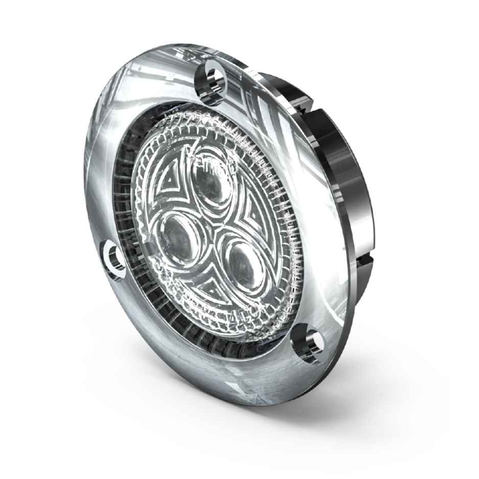 Feniex 2" Round Marker Chrome Bezel with intricate design on a white background