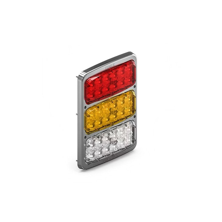 Three-color Feniex 3-UP Brake Tail Turn Reverse with red, yellow, and white lights on a white background