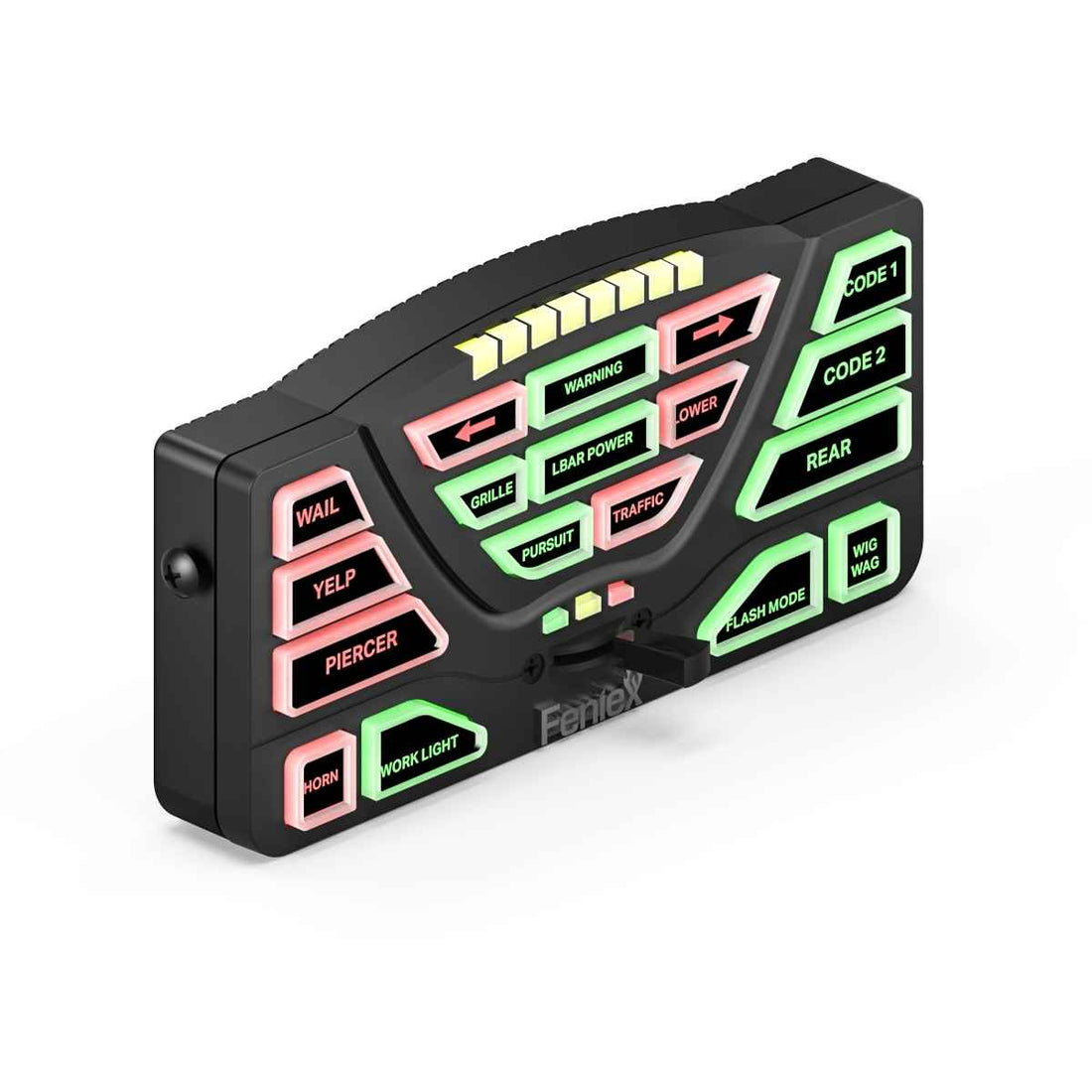 Control panel with various buttons and labels on a white background