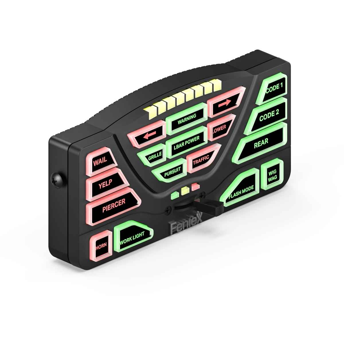 Control panel with various buttons and labels on a white background