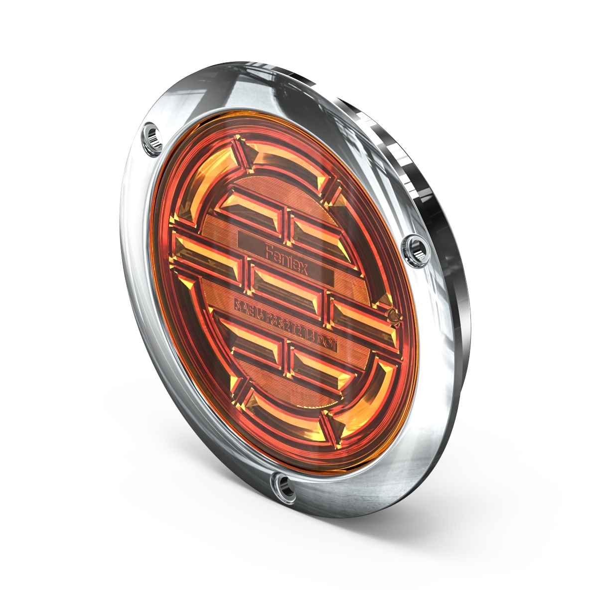 Round amber light with chrome frame on a white background