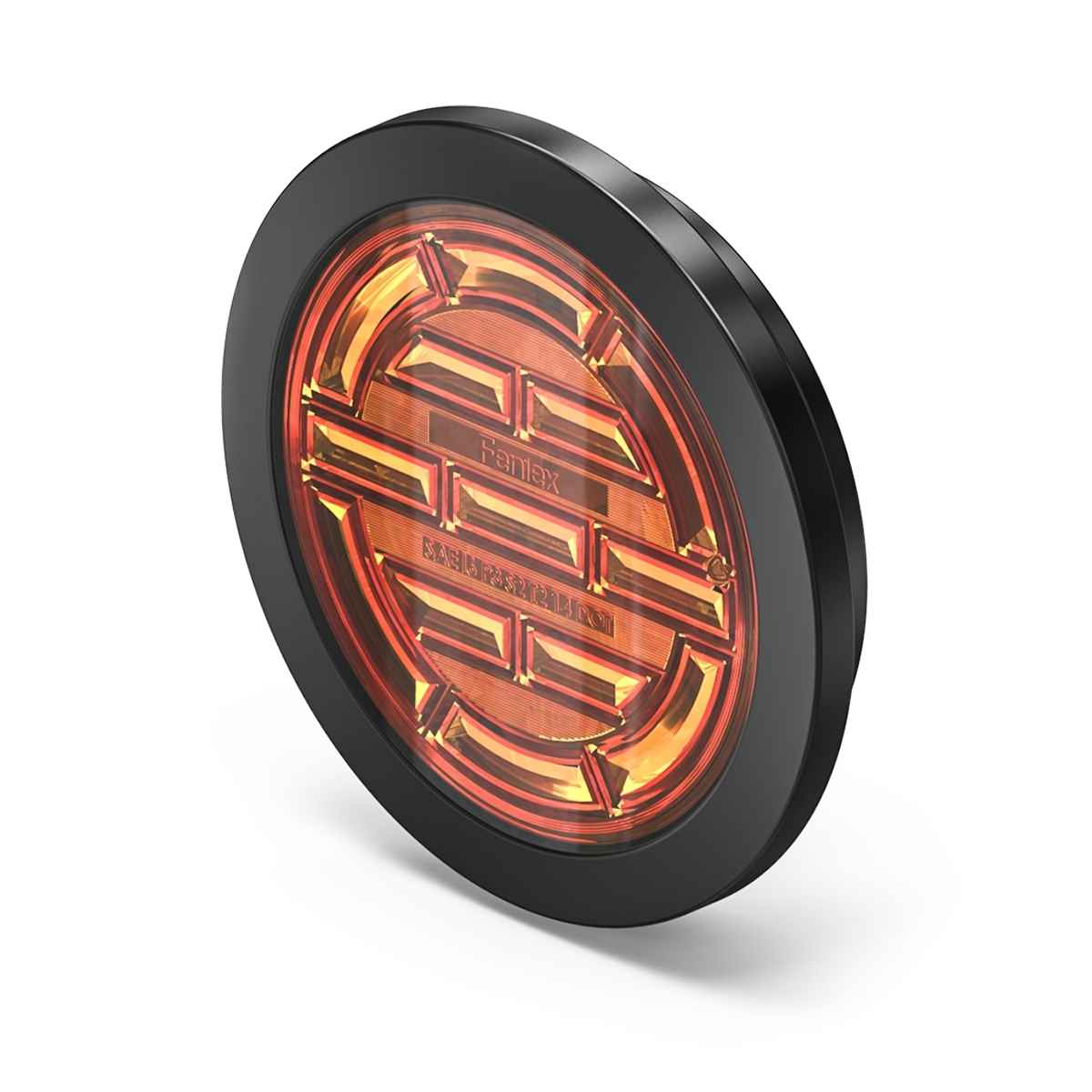 Round LED light with black rim and orange interior on a white background