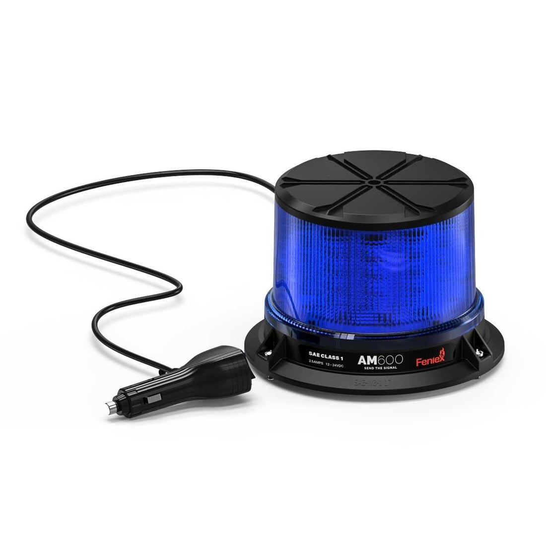 Blue Feniex AM600 Beacon with charging cable on a white background