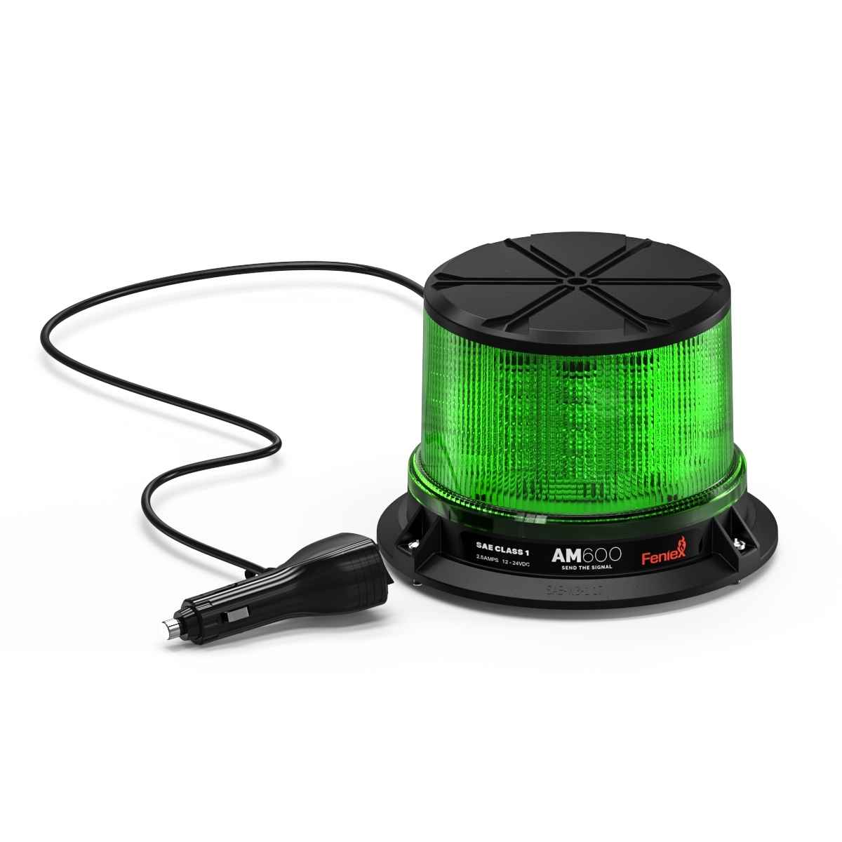 Green Feniex AM600 Beacon light with power cord on a white background