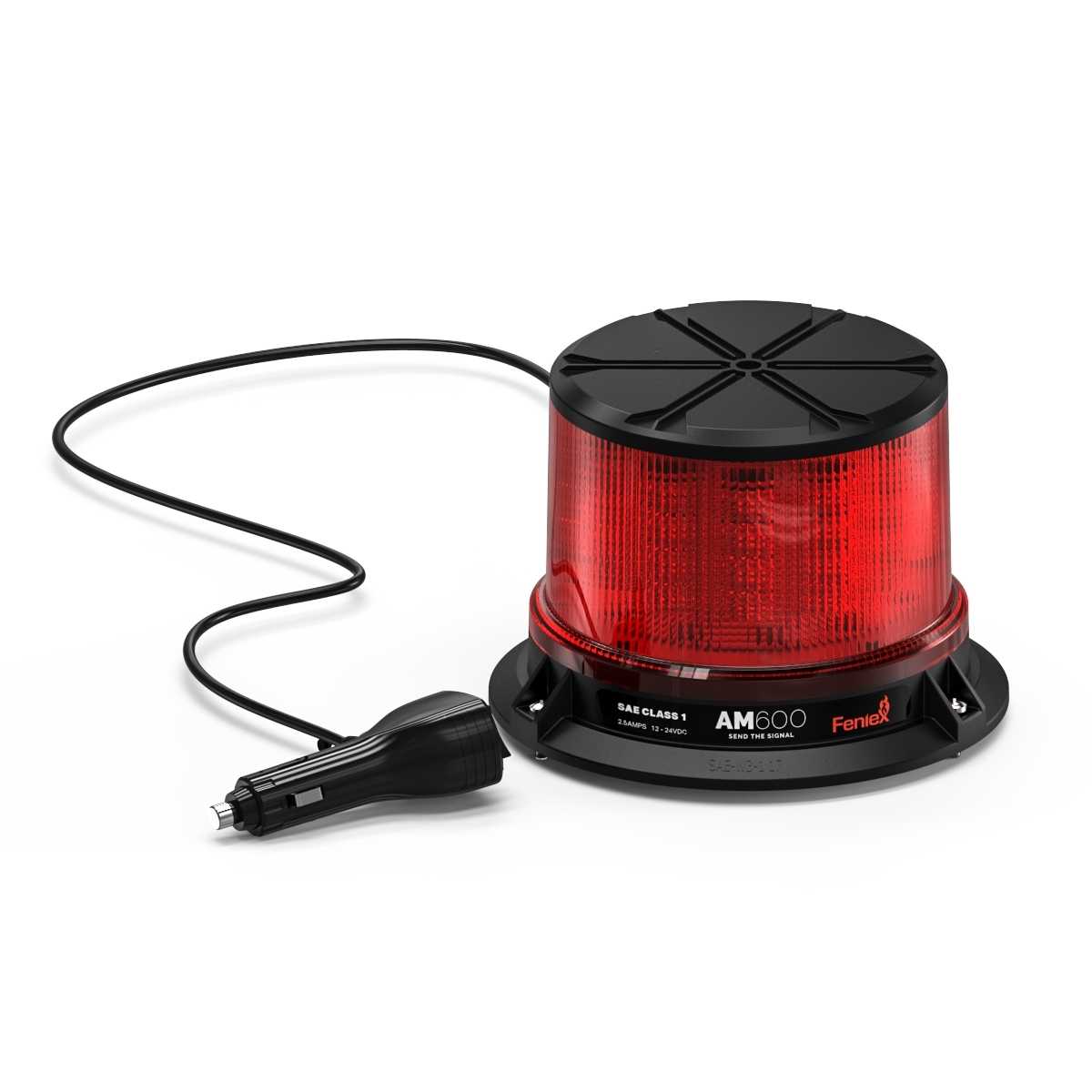 Red Feniex AM600 Beacon with black base and power cord on a white background