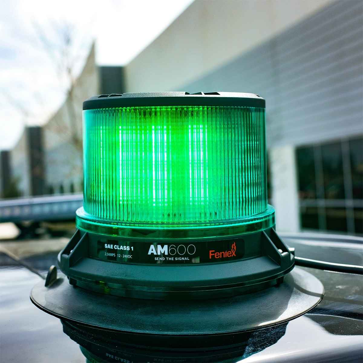 Green Feniex AM600 Beacon on a vehicle with 'Fenix' branding in an urban setting