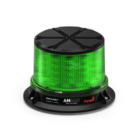 Green rotating Feniex AM600 Beacon light with black top on a white background