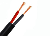 Two cables, one black and one red, with exposed copper wires on a white background.