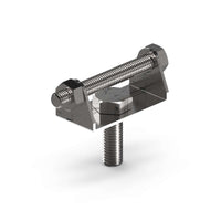 Metal clamp with threaded rod on a white background