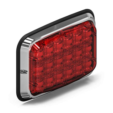 Red Feniex Brake Tail Turn Lux 6x4 with chrome frame on a white background