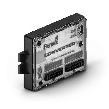 A Feniex Converter with a clear case showing internal components and connectors, labeled with the brand and product name.