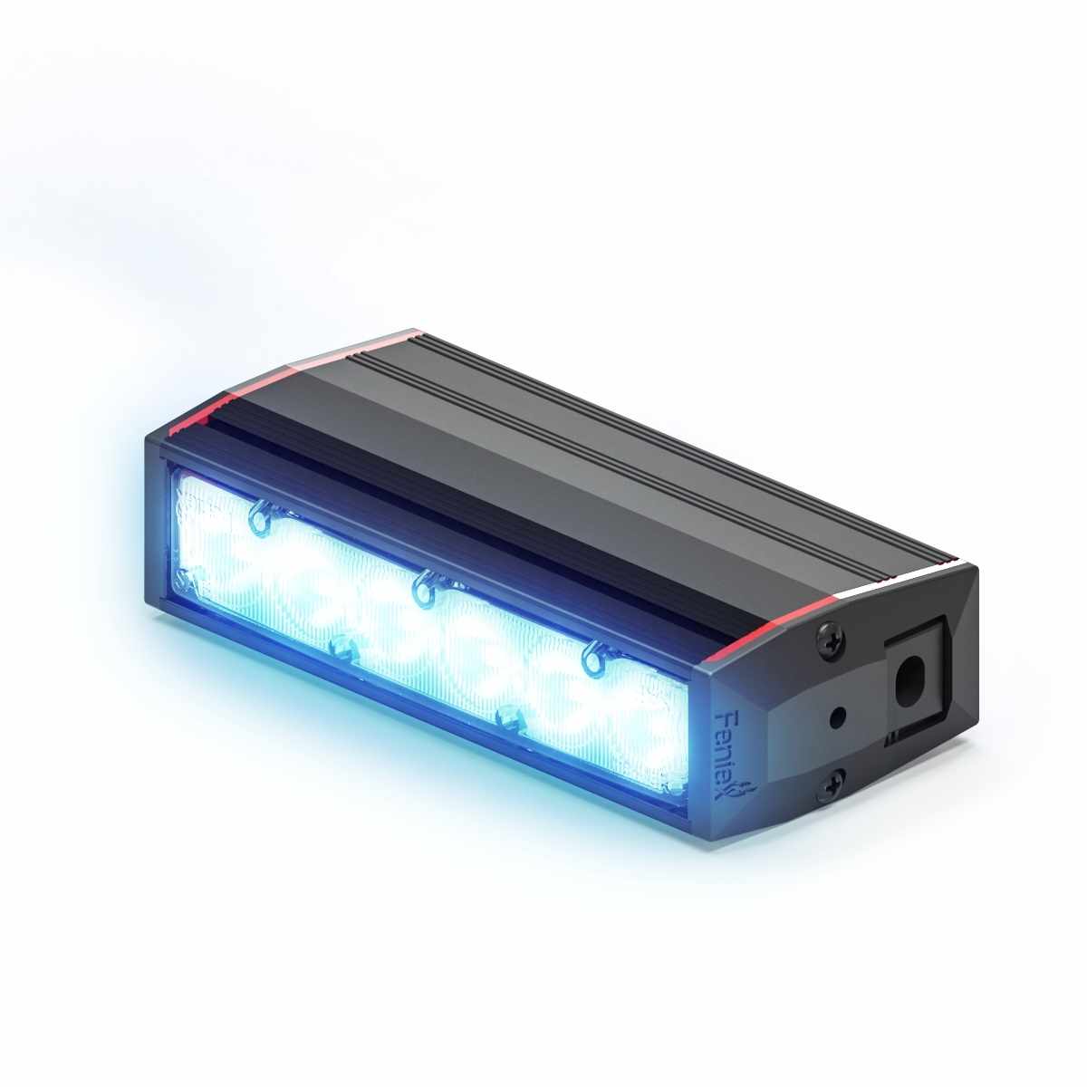 Rectangular Feniex Fusion 100 Stick LED light bar with blue illumination on a white background