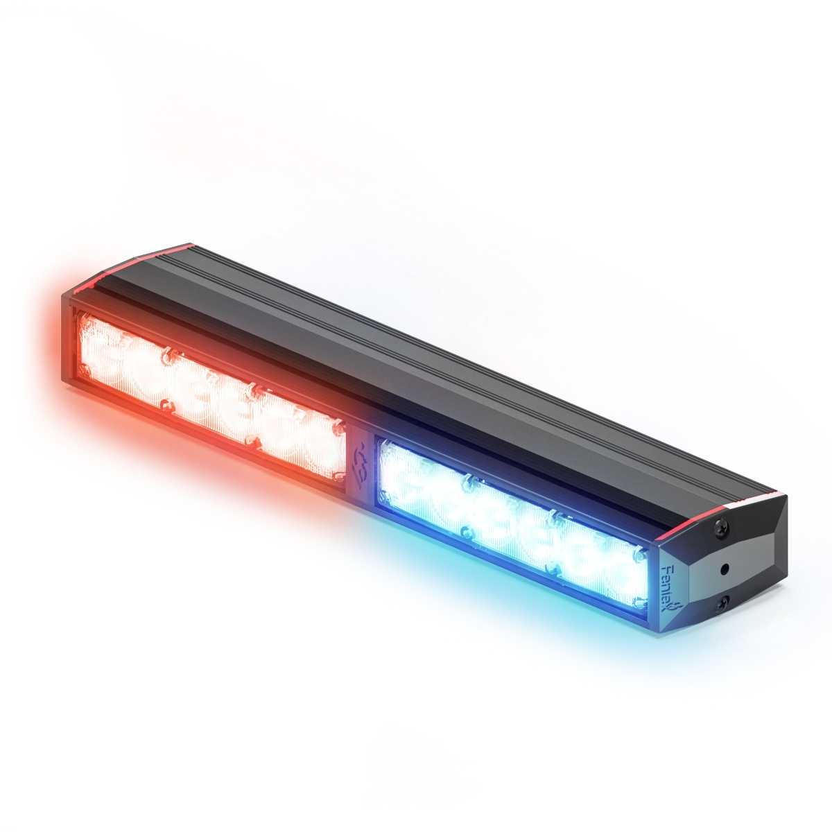 Feniex Fusion 200 Stick LED light bar with red and blue lights on a white background