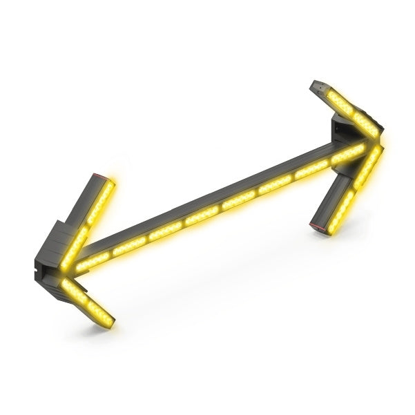 An amber-colored arrow-shaped LED light board with a 40° wide optical light spread, featuring integrated LED modules.