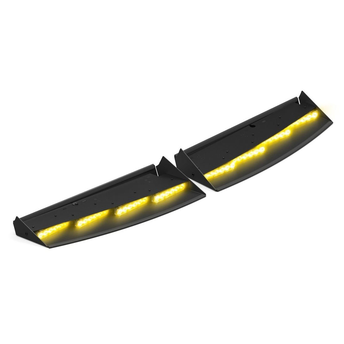 Two black Feniex Fusion Amber Interior Lightbar with yellow illumination on a white background