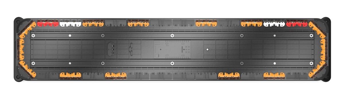 Long rectangular black Feniex Fusion Amber Tow 60" Lightbar with orange accents on a white background