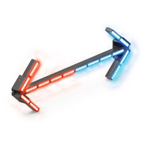 Feniex Fusion Arrow Board LED light bars, one red and one blue, on a white background.