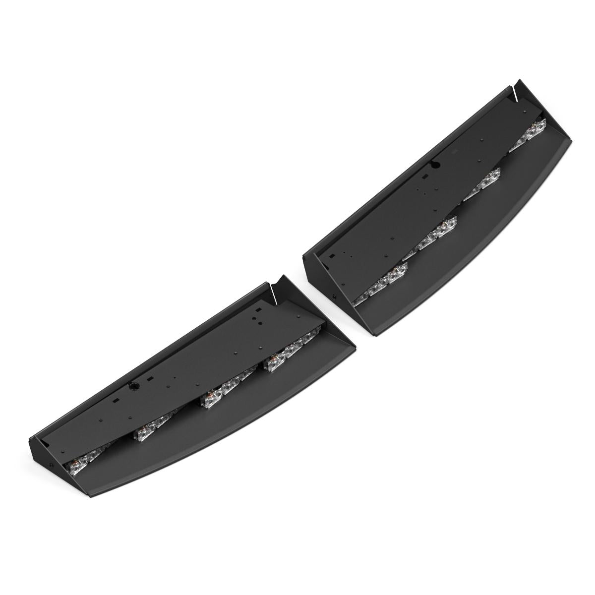 Two black rectangular Feniex Fusion Interior Front Lightbar with embedded lights on a white background