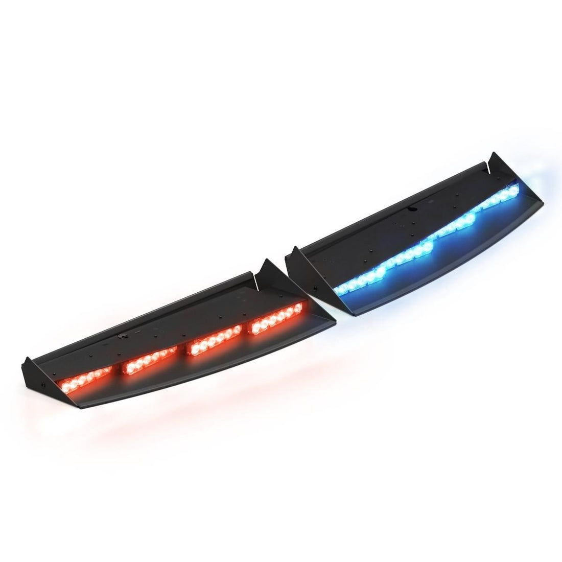 Two LED Feniex Fusion Interior Front Lightbar , one red and one blue, on a white background.