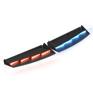 Two LED Feniex Fusion Interior Front Lightbar , one red and one blue, on a white background.