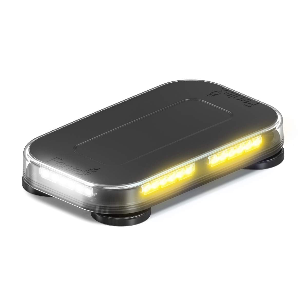 Small rectangular Feniex Fusion Mini 14" Lightbar with yellow LED lights on a white background