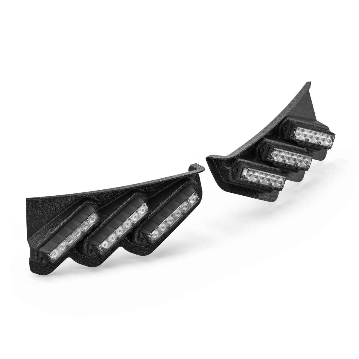 Two black Feniex Fusion Spoiler LED light brackets on a white background