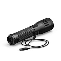 Black flashlight with USB cable on a white background