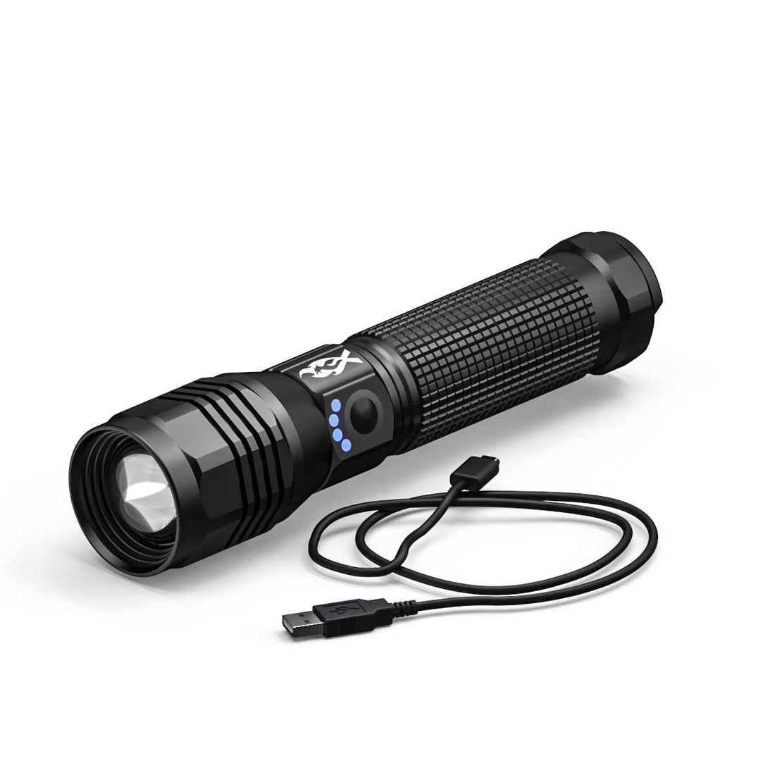 Black Feniex Guardian Flashlight with USB cable on a white background