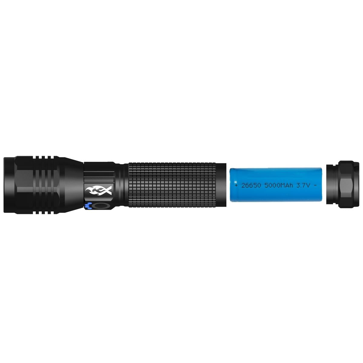Black flashlight with blue battery on a white background