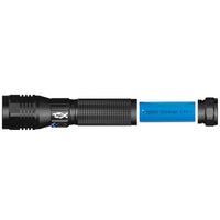 Black flashlight with blue battery on a white background