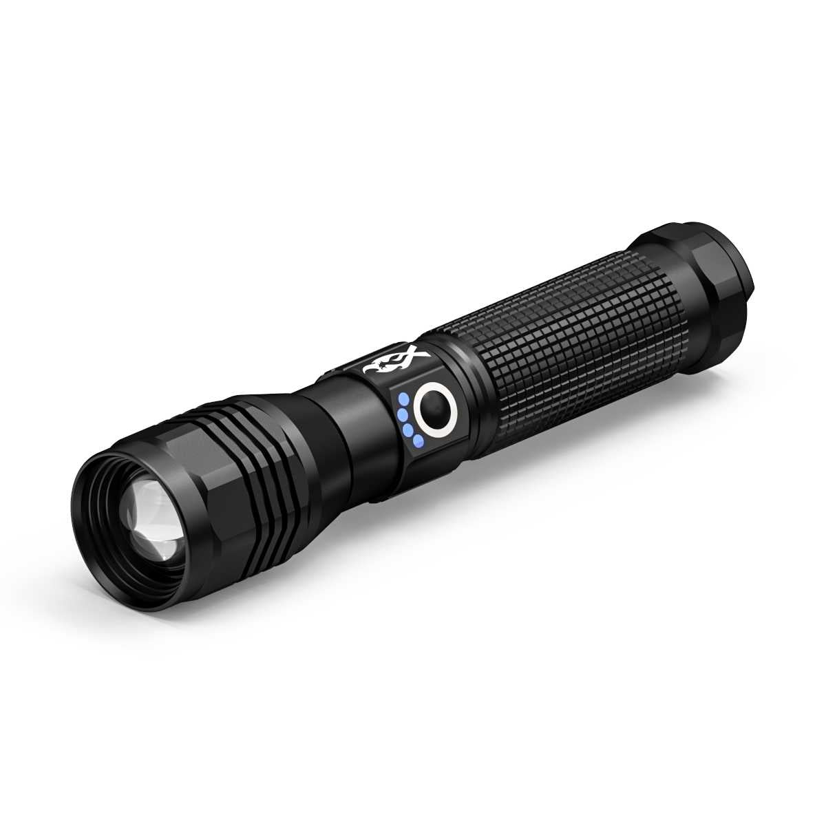 Black flashlight with textured grip on a white background