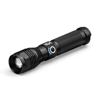 Black flashlight with textured grip on a white background