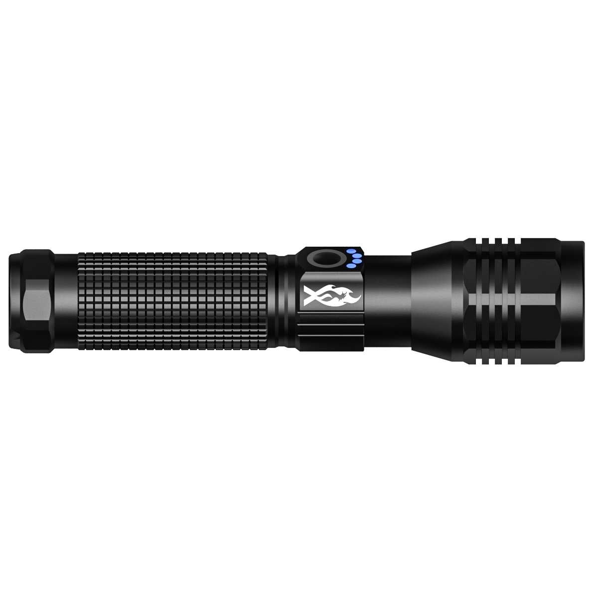 Black flashlight with a brand logo on a white background