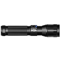 Black flashlight with a brand logo on a white background