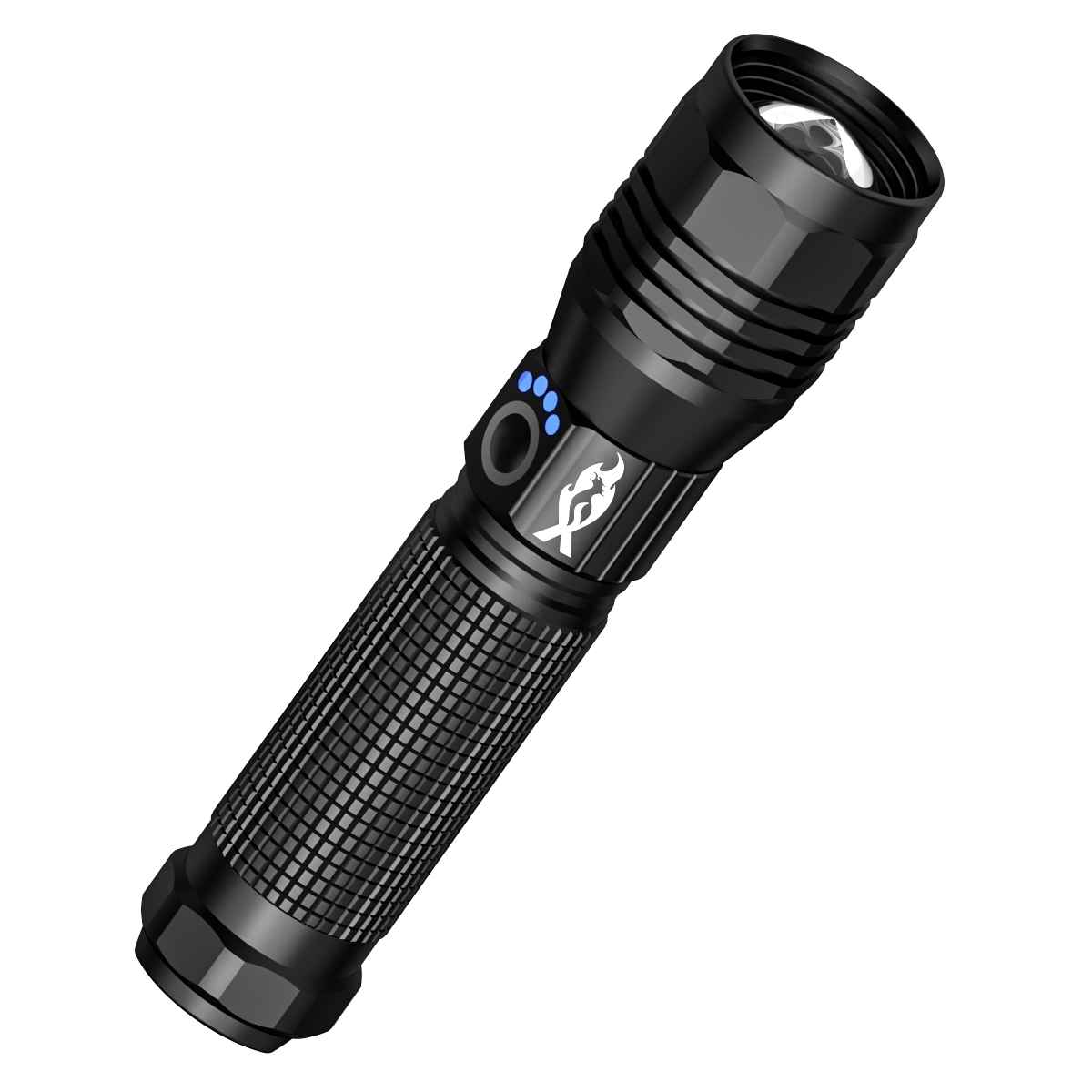 Black flashlight with a brand logo on a white background