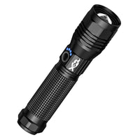 Black flashlight with a brand logo on a white background