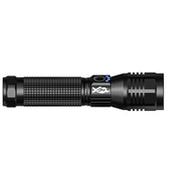 Black flashlight with visible brand logo on a white background