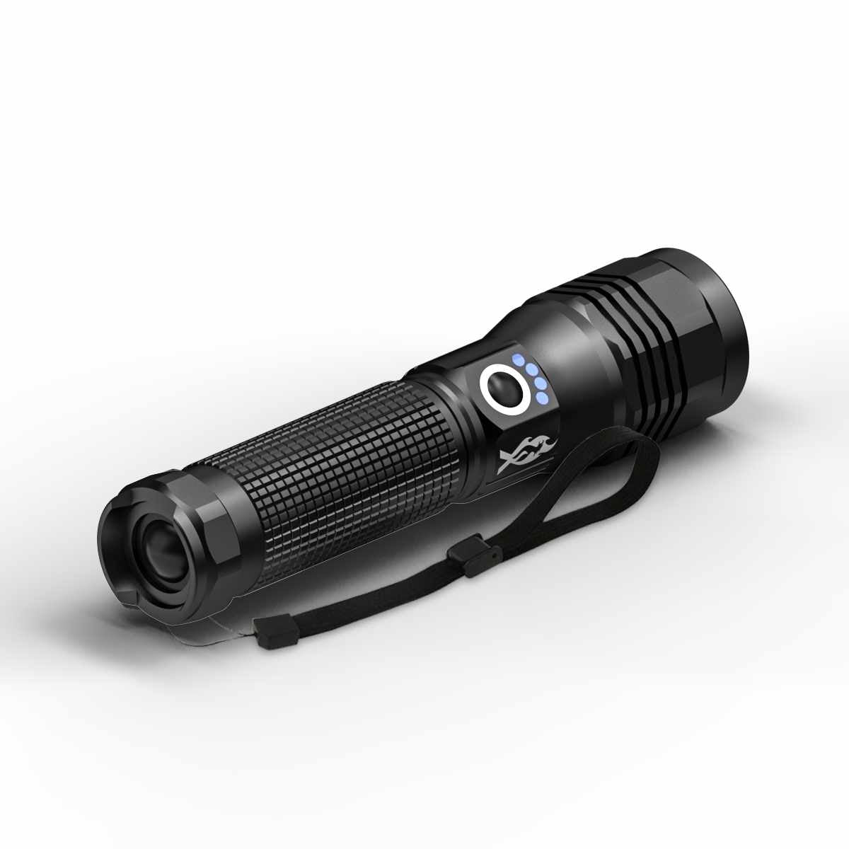 Black Feniex Guardian Flashlight with a strap on a white background