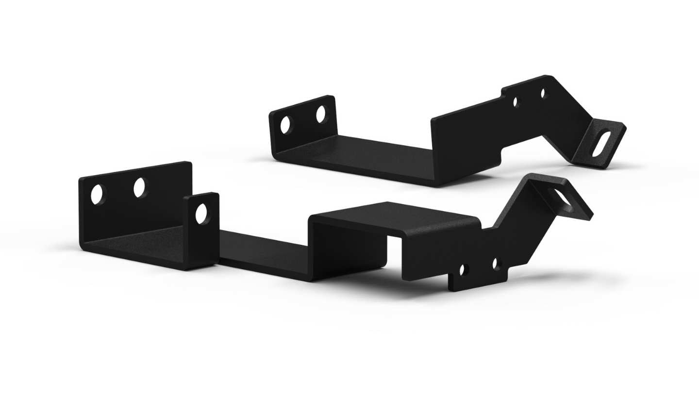 Two black metal brackets on a white background