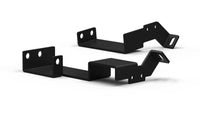 Two black metal brackets on a white background