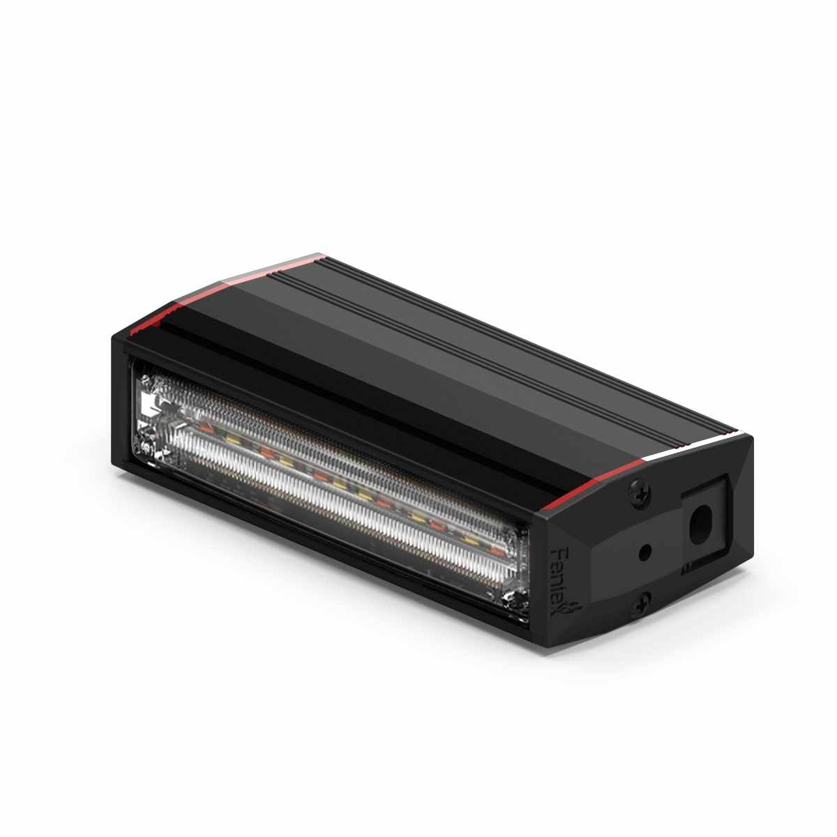 Black rectangular Feniex Q-100 Stick light bar with red accent on a white background