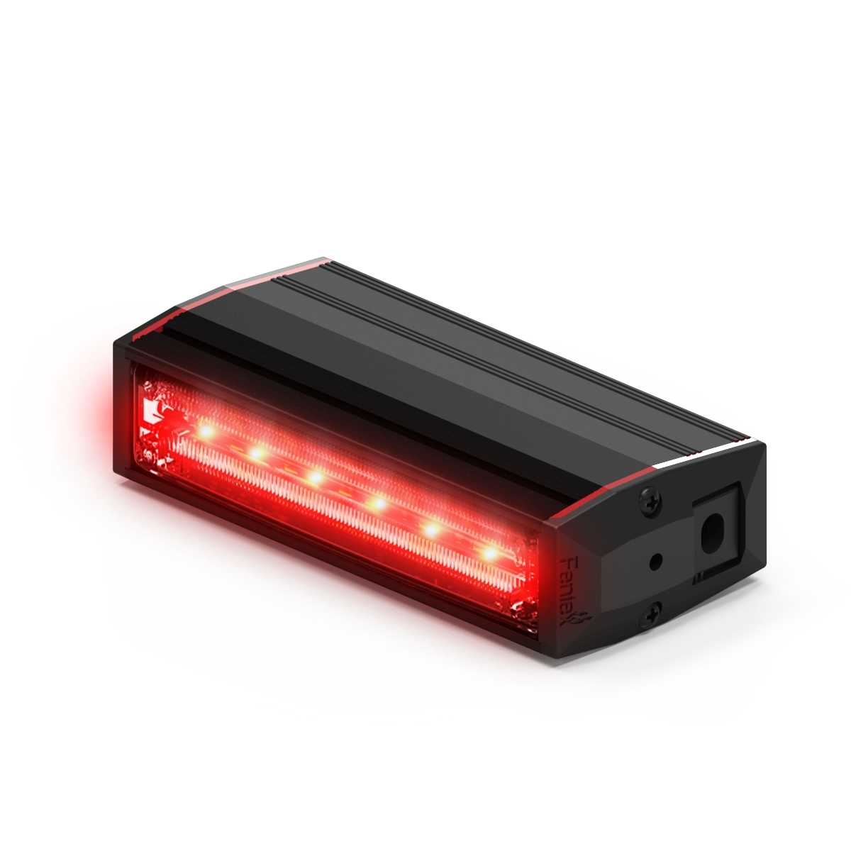 Black and red rectangular Feniex Q-100 Stick LED light on a white background
