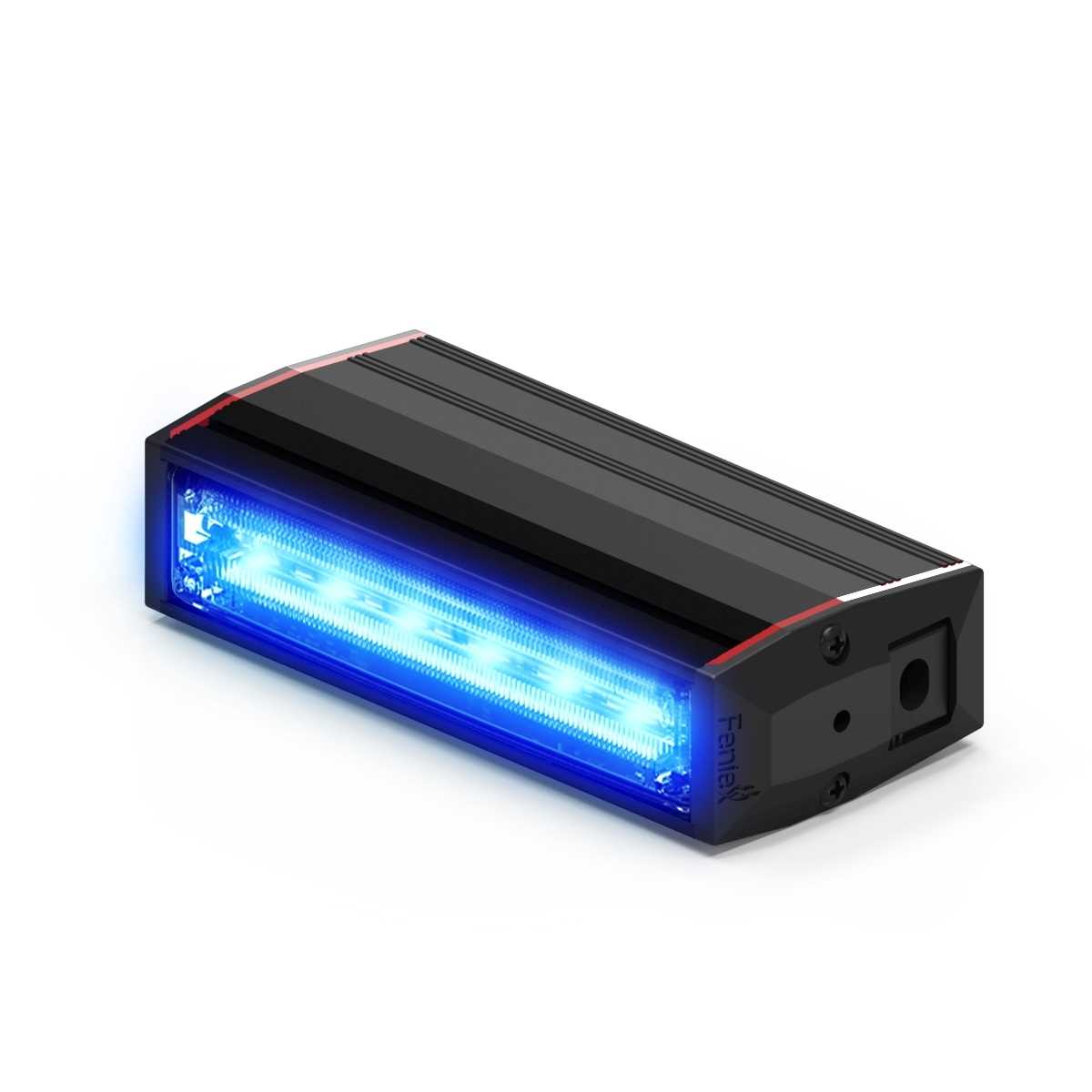 Black rectangular Feniex Q-100 Stick with blue LED display on a white background