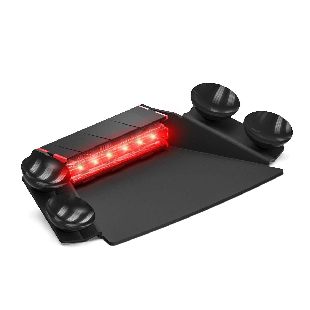 Black and red Feniex Q-1X Dash with LED lights on a white background