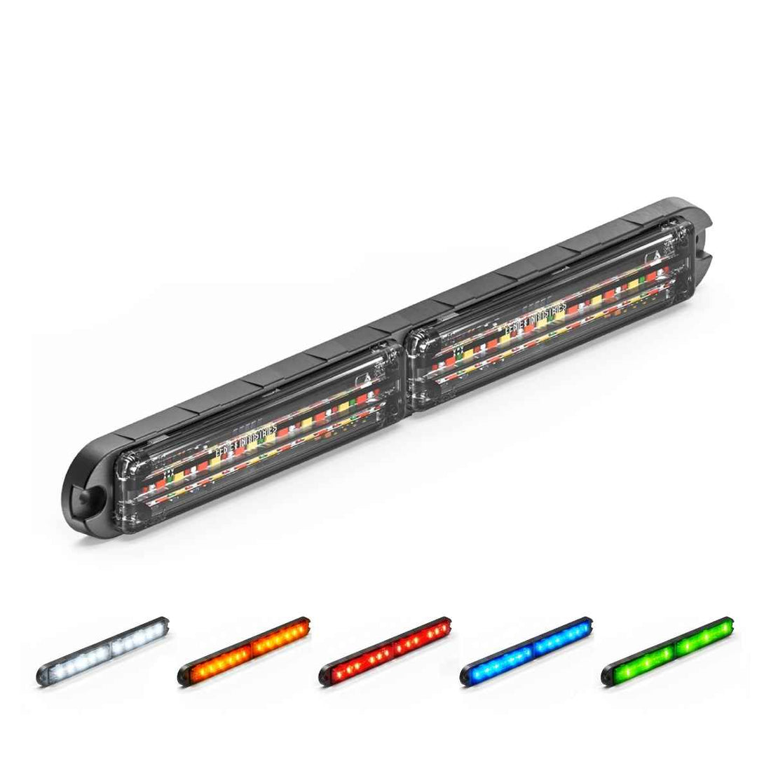 Feniex Q-Flat-Wide-Surface Mount LED light bar with color-selectable end caps on a white background